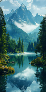 breathtaking view of alpine lakes and towering rocky peaks, with misty layers spreading across a vivid forested landscape. Generative AI
