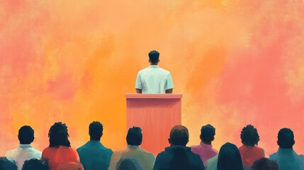 Speaker at a podium addressing a multicultural audience. African American orator delivering a lecture. Concept of presentation, communication, seminar, and multiculturalism. Copy space