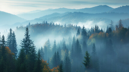 Fototapeta premium Beautiful Misty Mountain Landscape with Foggy Forest in Autumn, Serene Nature Background
