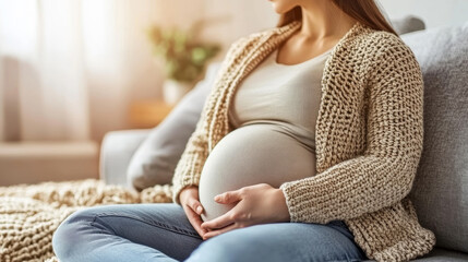 A pregnant woman sitting comfortably on a couch, cradling her baby bump. This conveys a sense of anticipation and maternal love.