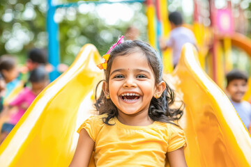 happy indian girl enjoying on slide at park