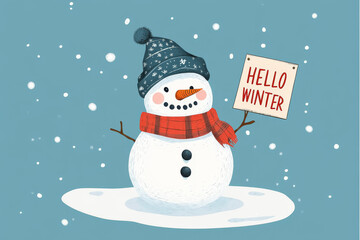 Fototapeta premium Cute snowman wearing a hat and scarf, holding a 