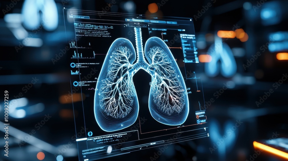 Poster a digital rendering of lungs on a computer screen.