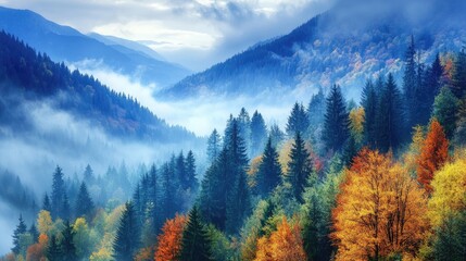 Beautiful Misty Mountain Landscape with Foggy Forest in Autumn Background and Blue Hue, Serene Nature Scene