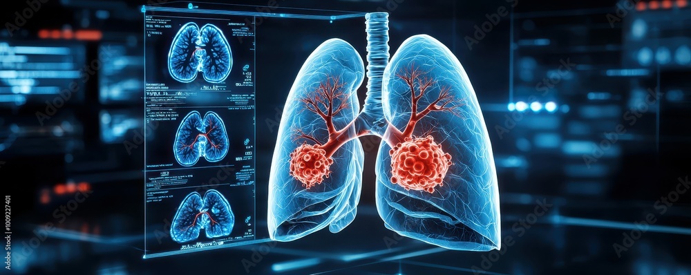 Poster 3d rendering of lungs with a tumor in the right lung.
