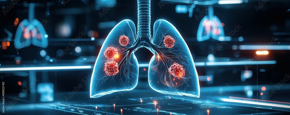 Poster digital rendering of human lungs with red nodules.