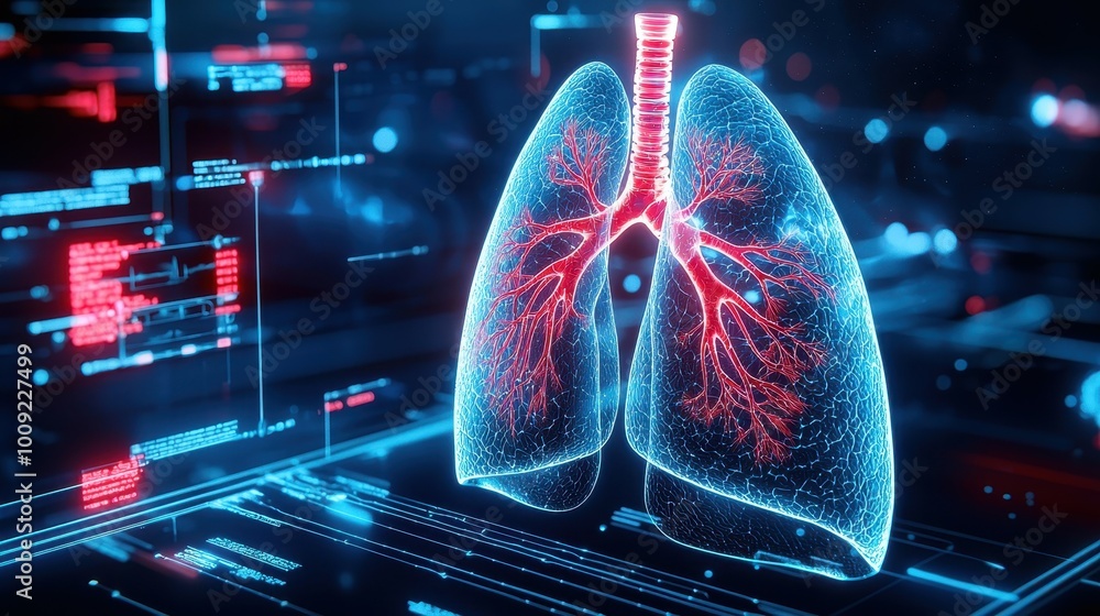 Aufkleber digital rendering of human lungs with a blue and red color scheme.