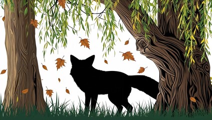 Fox Silhouette Under Willow Tree with Falling Autumn Leaves, Woodland Scene, Nature Illustration, Fox Silhouette, Autumn Foliage, Scenic Wildlife Art Tree and Leaf Design for Nature Themed Projects