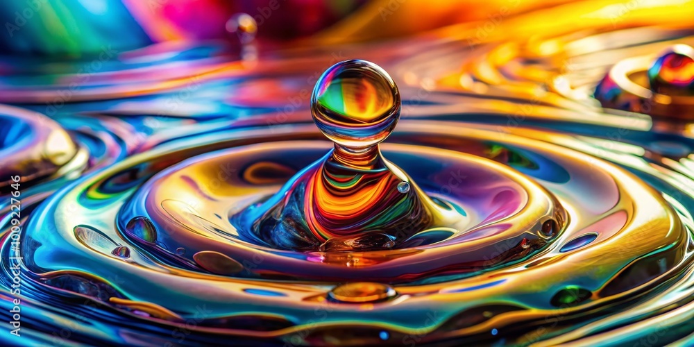 Poster dripping transparent liquid on a smooth surface creating abstract patterns and reflections below