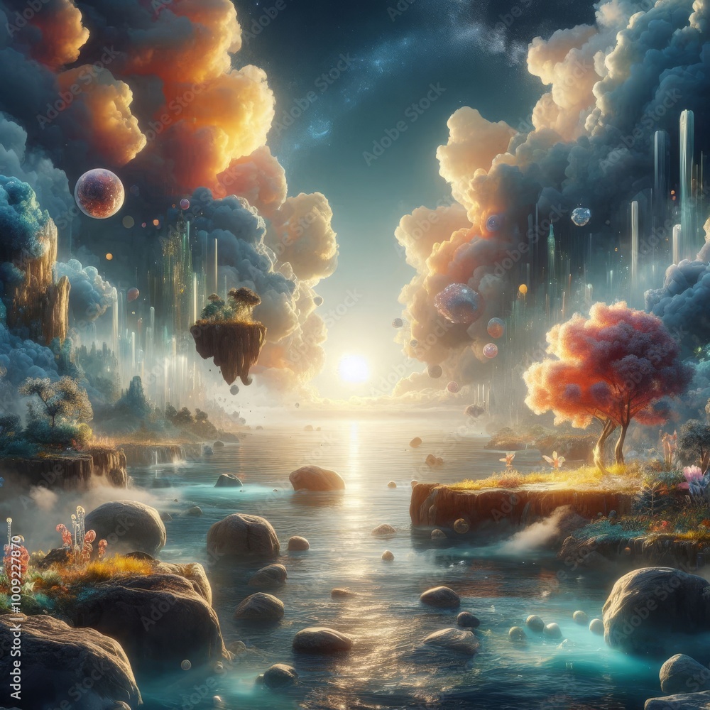 Poster dreamlike fantasy scene featuring floating islands, vibrant clouds, and a serene river with rocks an