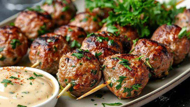 Grilled meatball skewers with a creamy dip, perfect for a summer barbecue