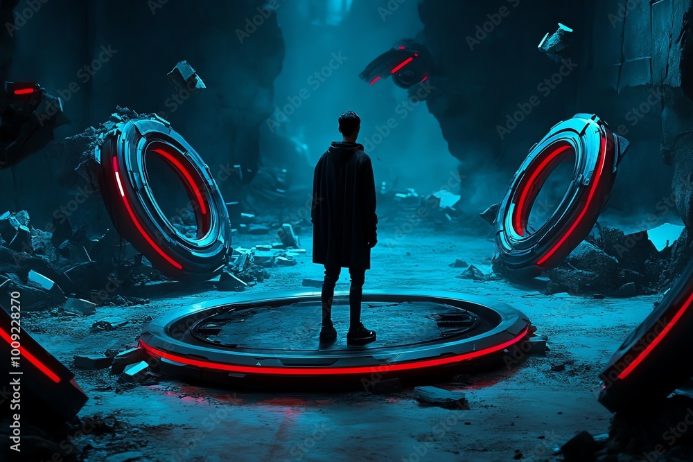 Poster a calm figure standing in a futuristic wasteland, with robotic structures crumbling around them, the