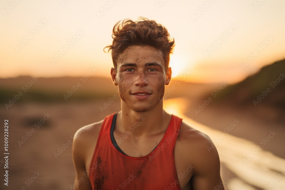 Poster Portrait of a blissful man in his 20s wearing a lightweight running vest over beautiful beach sunset