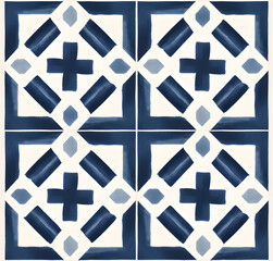 Blue floral tiles ornament. Traditional mosaic Portuguese azulejo motifs. Vintage Floor Tile geometric design with ornamental element