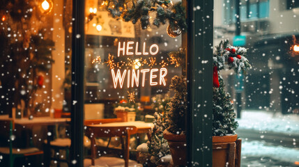 A warm and inviting café window with a "Hello Winter" sign, decorated with lights and frosted snow, as snowflakes fall outside.
