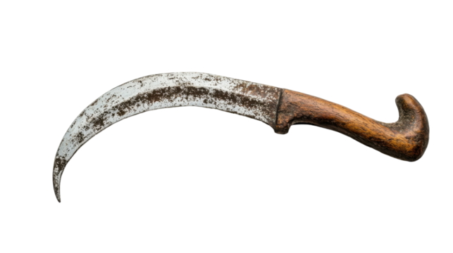 A beautifully aged curved knife resting on a light surface under soft lighting, on the transparent background. PNG Format