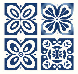 Blue floral tiles ornament. Traditional mosaic Portuguese azulejo motifs. Vintage Floor Tile geometric design with ornamental element