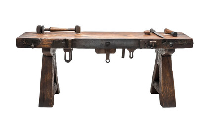A rustic woodworking bench adorned with tools captured in soft daylight, on the transparent background. PNG Format