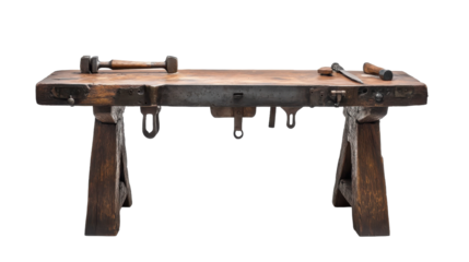 A rustic woodworking bench adorned with tools captured in soft daylight, on the transparent background. PNG Format