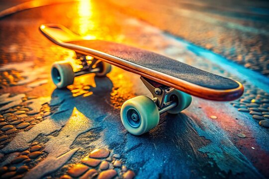 Dynamic close-up of a vibrant skateboard resting on a textured surface ready for action and adventure