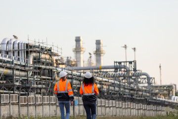 Engineers Walking Through Industrial Plant Facility in High Visibility Safety Gear, Inspecting Equipment and Ensuring Operational Safety