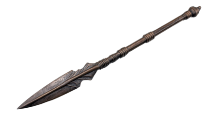 Intricately crafted spear with detailed designs displayed against a clean backdrop, on the transparent background. PNG Format