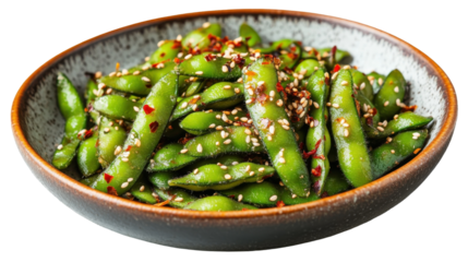 Freshly prepared edamame with sesame and chili on a stylish plate, on the transparent background. PNG Format