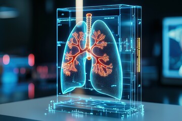 Obraz premium A 3D digital model of human lungs in a futuristic setting.