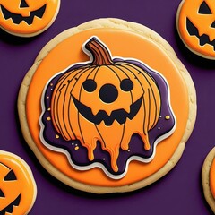 A plate of playful pumpkin-shaped cookies with funny faces, wide eyes, and fangs, perfect for Halloween treats, surrounded by pumpkins and spooky decor