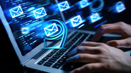 Close-up of a hand on a keyboard with a futuristic, circled mail icon in the foreground