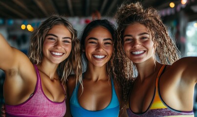 Fototapeta premium Fit women taking a selfie together, celebrating their fitness achievements, Generative AI