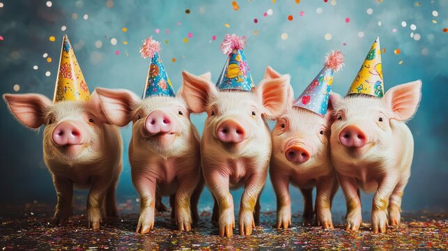 Unleashing their creativity, a cluster of piglet pigs sport an array of unconventional and colorful ensembles, bringing a sense of whimsy and playfulness to a unique birthday party invitation banner.