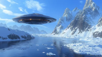 Fotobehang UFO Over Snowy Mountains and Frozen Lake © Nelson