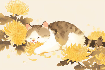 Adorable kitten frolicking among chrysanthemums, depicted in a light yellow and white color scheme, embodying anime charm with a joyful expression