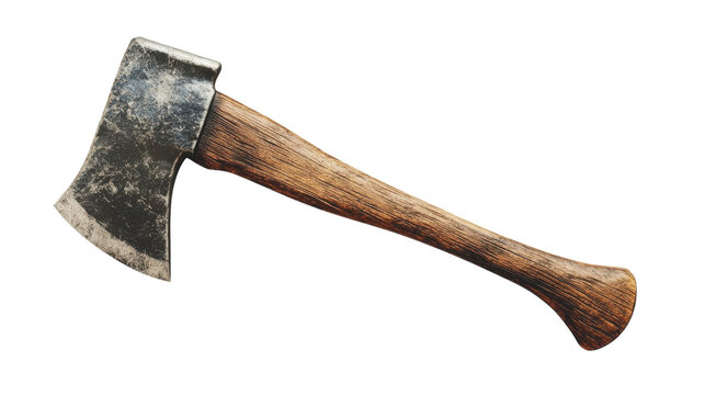 Rustic hatchet axe with wooden handle, worn metal hand tool, outdoor camping chopping gear for survival and woodworking isolated PNG with Transparent Background