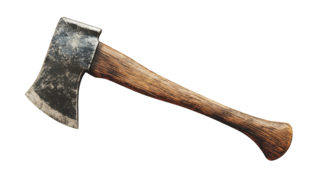 Rustic wooden-handled axe resting on a flat surface indoors during daylight, on the transparent background. PNG Format