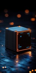 Futuristic geometric cube with glowing edges on dark background.