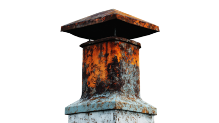 Weathered chimney standing tall against a gray sky in early morning light, on the transparent background. PNG Format