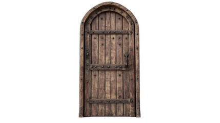 Mystical wooden door stands tall against a white wall inviting adventure and mystery, on the transparent background. PNG Format