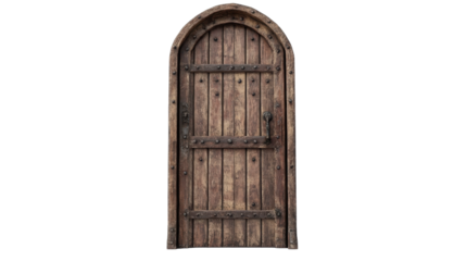 Mystical wooden door stands tall against a white wall inviting adventure and mystery, on the transparent background. PNG Format