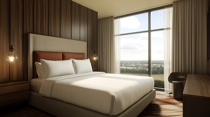 Fototapeta premium Modern Hotel Room with City View and Minimalist Decor