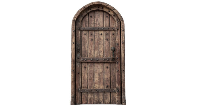 Mystical wooden door stands tall against a white wall inviting adventure and mystery, on the transparent background. PNG Format