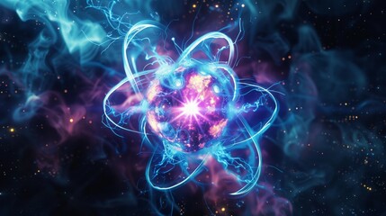 nuclear fusion, with bright energy waves swirling around an atomic core