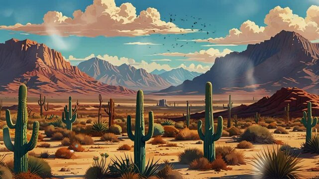 desert landscape with cactus and mountains. seamless looping 4k video background animation
