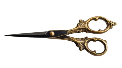 Elegant antique scissors resting on a clean white background under soft lighting, on the transparent background. PNG Format