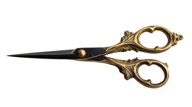 Elegant antique scissors resting on a clean white background under soft lighting, on the transparent background. PNG Format