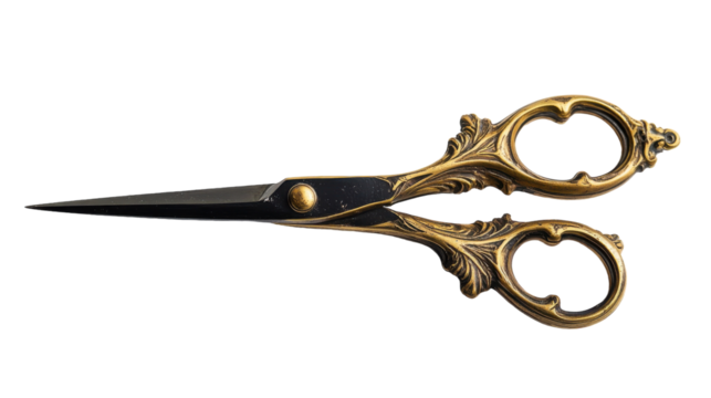 Elegant antique scissors resting on a clean white background under soft lighting, on the transparent background. PNG Format