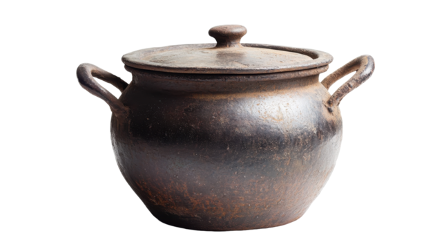 A rustic clay pot of ancient design placed on a clean white backdrop, on the transparent background. PNG Format