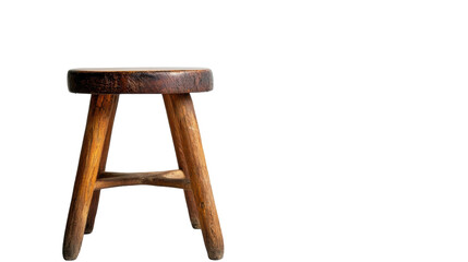 A rustic wooden stool standing on a minimalist backdrop in soft natural light, on the transparent background. PNG Format
