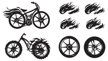 Fototapeta premium set of wheelie & bike, flame wheel silhouette, solid black clean vector, isolated white background 